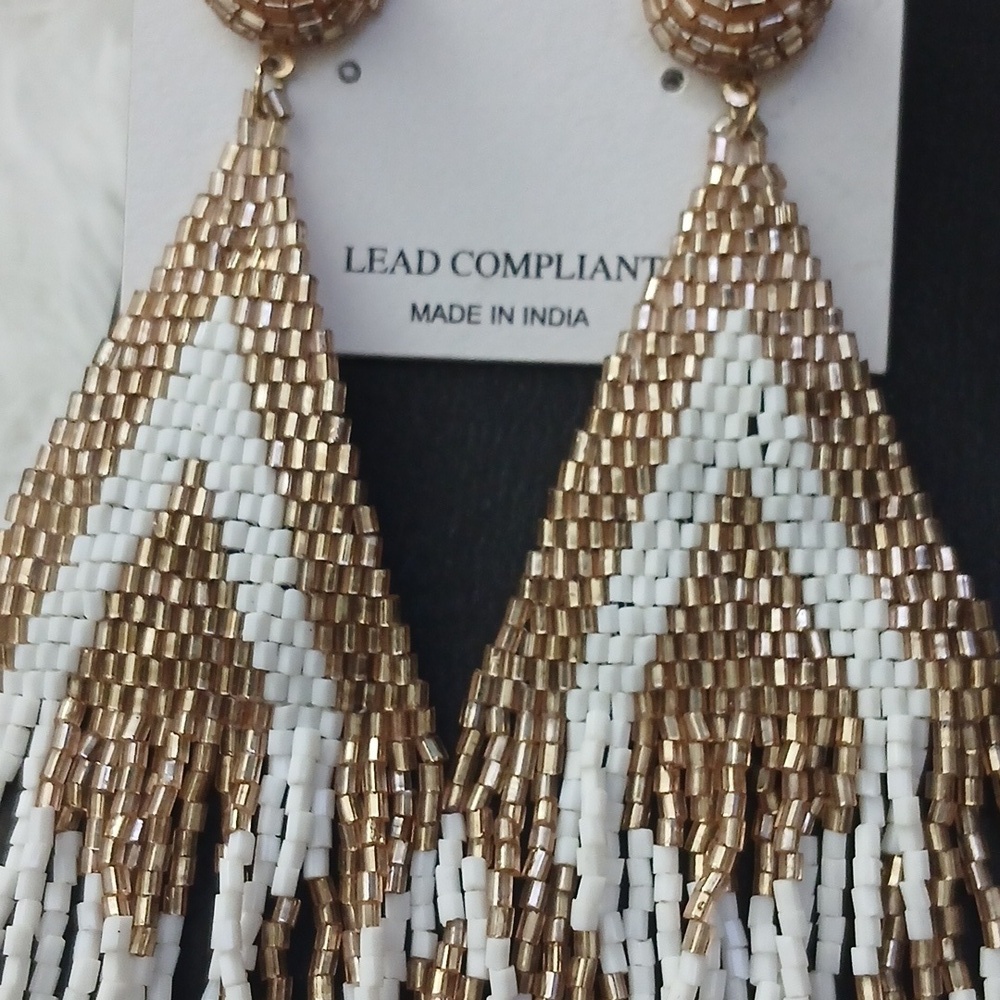 Natasha Couture Gold White Beaded Fringe Boho Festival Sexy Statement Earrings - Picture 9 of 13